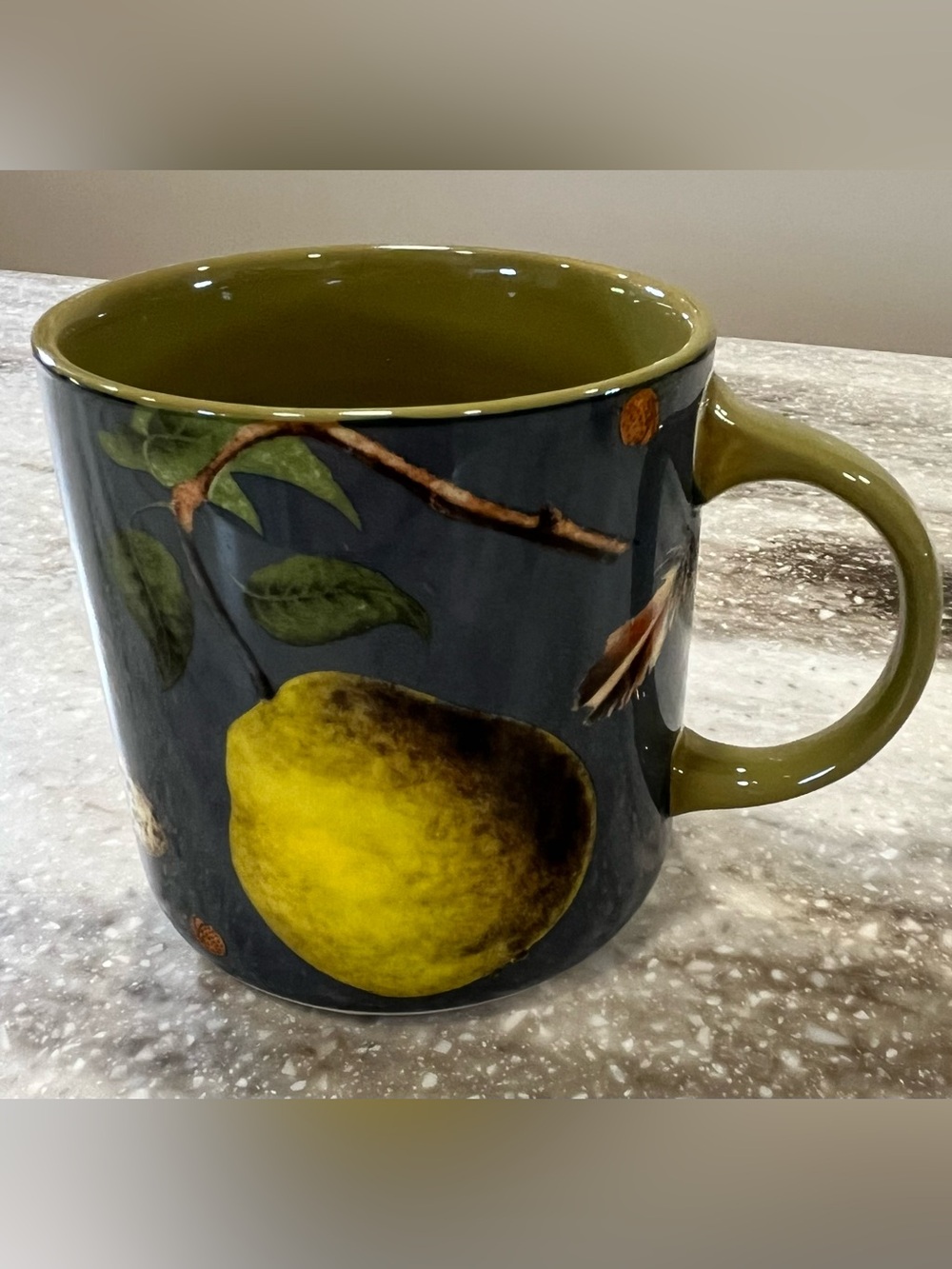 Anthropologie Olive Interior Ceramic Mug with Yellow Pear Motif